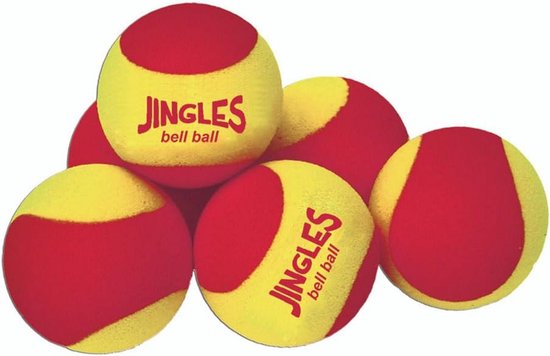 Zes zachte, gele tennisballen met rode strepen en het opschrift 'JINGLES bell ball'.