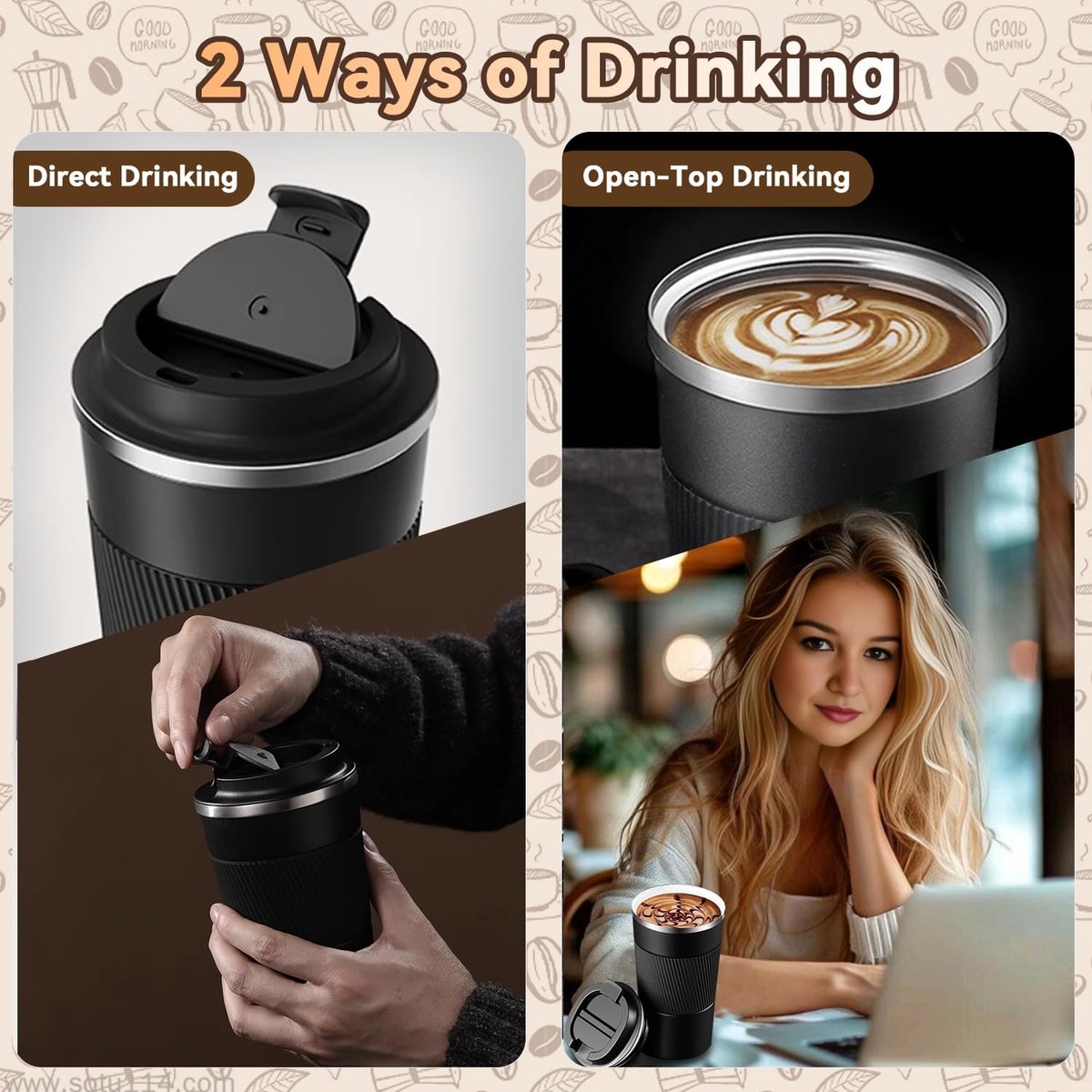Koffiemok - Geïsoleerde mok - Campingmok - Warme en koude dranken - RVS-Siliconen hoes - Geschikt voor in de auto, op de camping en voor dagelijks gebruik - Zwart - 7*7*14,5 cm - 380 ml — cadeau in Cadeau-ideeën - foto 2