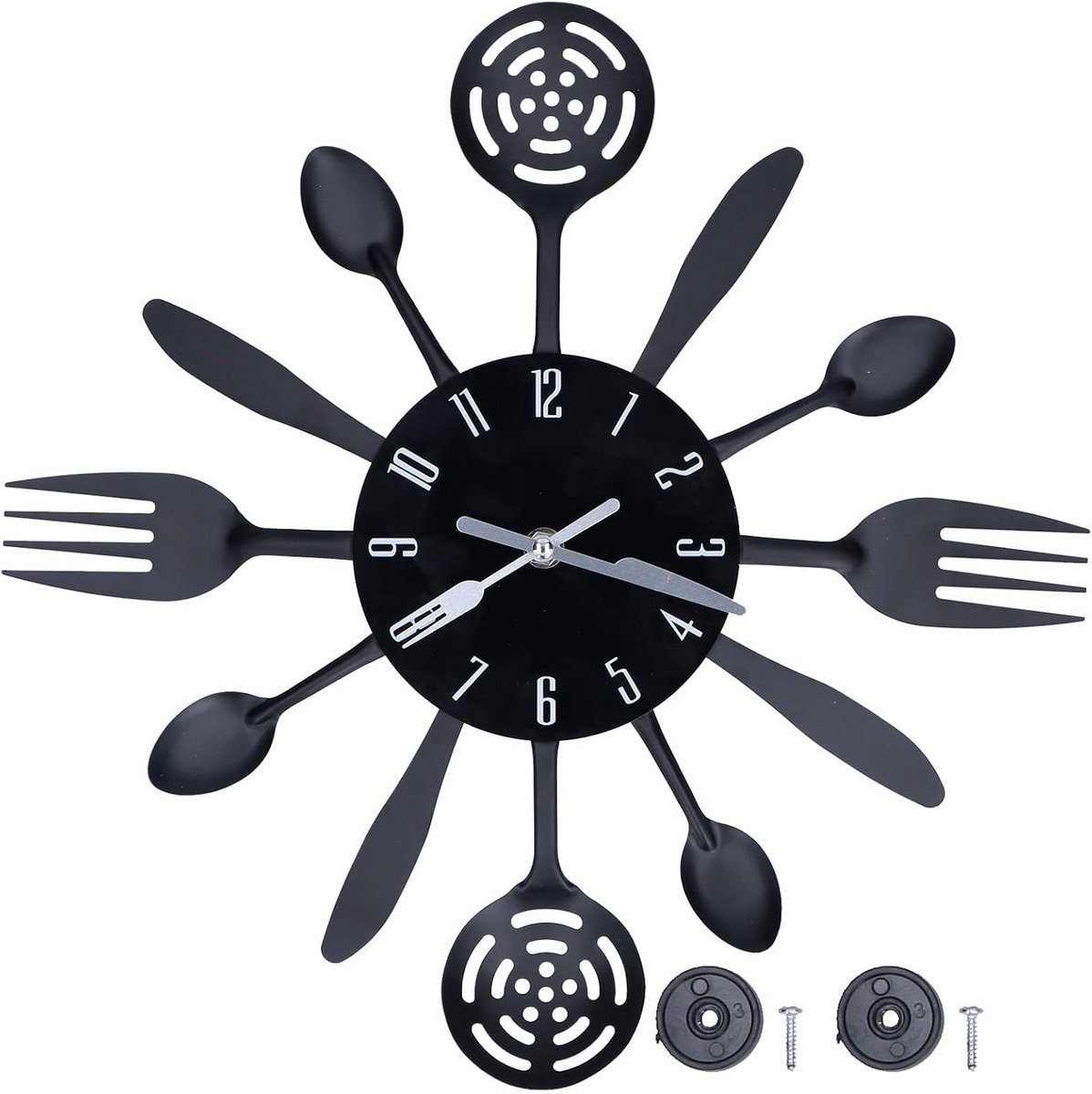 Grote Wandklok Keuken met Bestek Decoratie - Zwart, 36,5 cm
