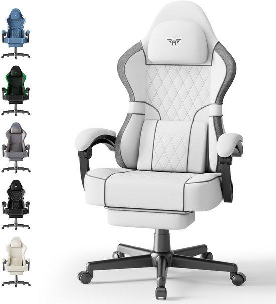 Soontrans Wit-Gaming Stoel met Inklapbare Voetensteun, - Soontrans - €143,99