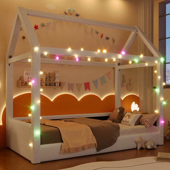 Canapé-lit rembourré beige (90 x 200 cm) avec bande lumineuse LED.