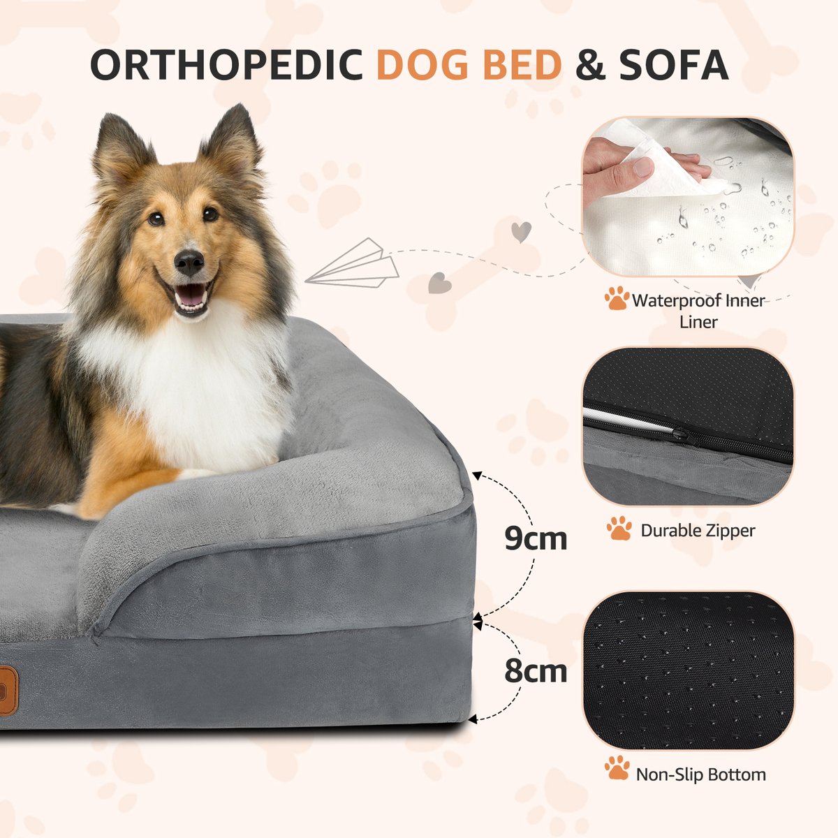 Nobleza Orthopedische Hondenmand - met Traagschuim - Waterdicht Hondenbed - Hondenkussen Wasbaar - Maat M: 71 x 58 x 17 cm - Grijs thumbnail 2