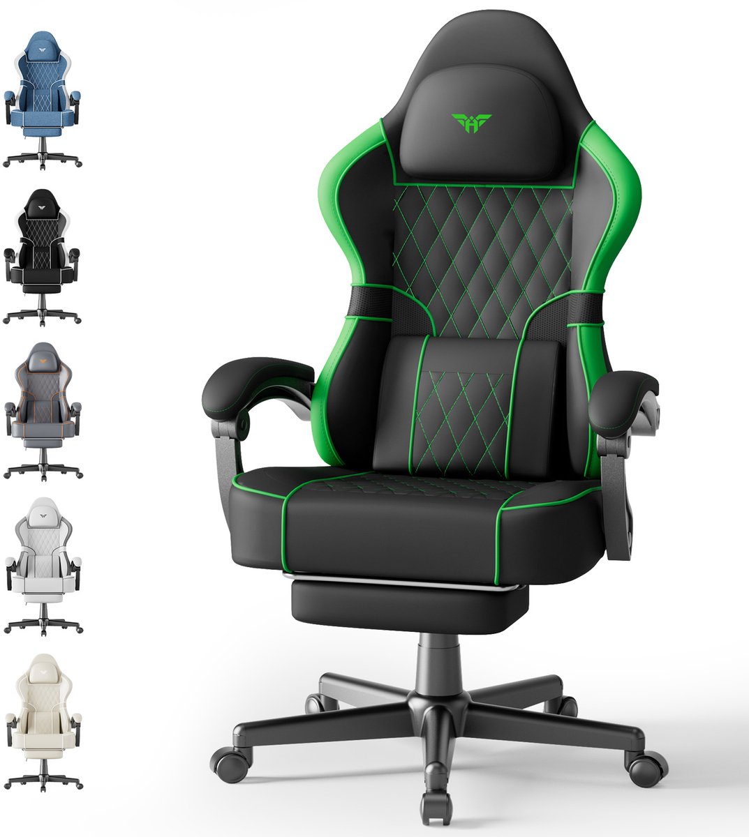 Soontrans-ZwartGroen-Gaming Stoel-met Inklapbare Voetensteun- Gamestoel Verstelbaar Rugleuning-Ergonomische Gaming Chair als Bureaustoel-Uitgerust Met Hoofdsteun en Lendensteun-PVC-Leer-Computerstoel Gaming-Voor Volwassenen en Jongeren
