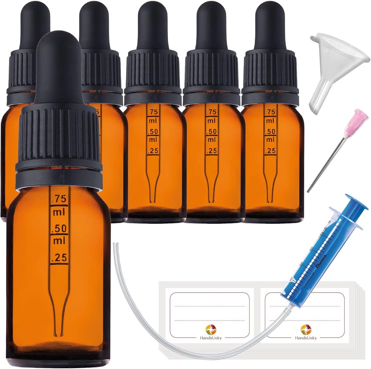 Set van 6 Amber Glazen Pipetflesjes 10ml met Zwarte Druppelaar en Accessoires