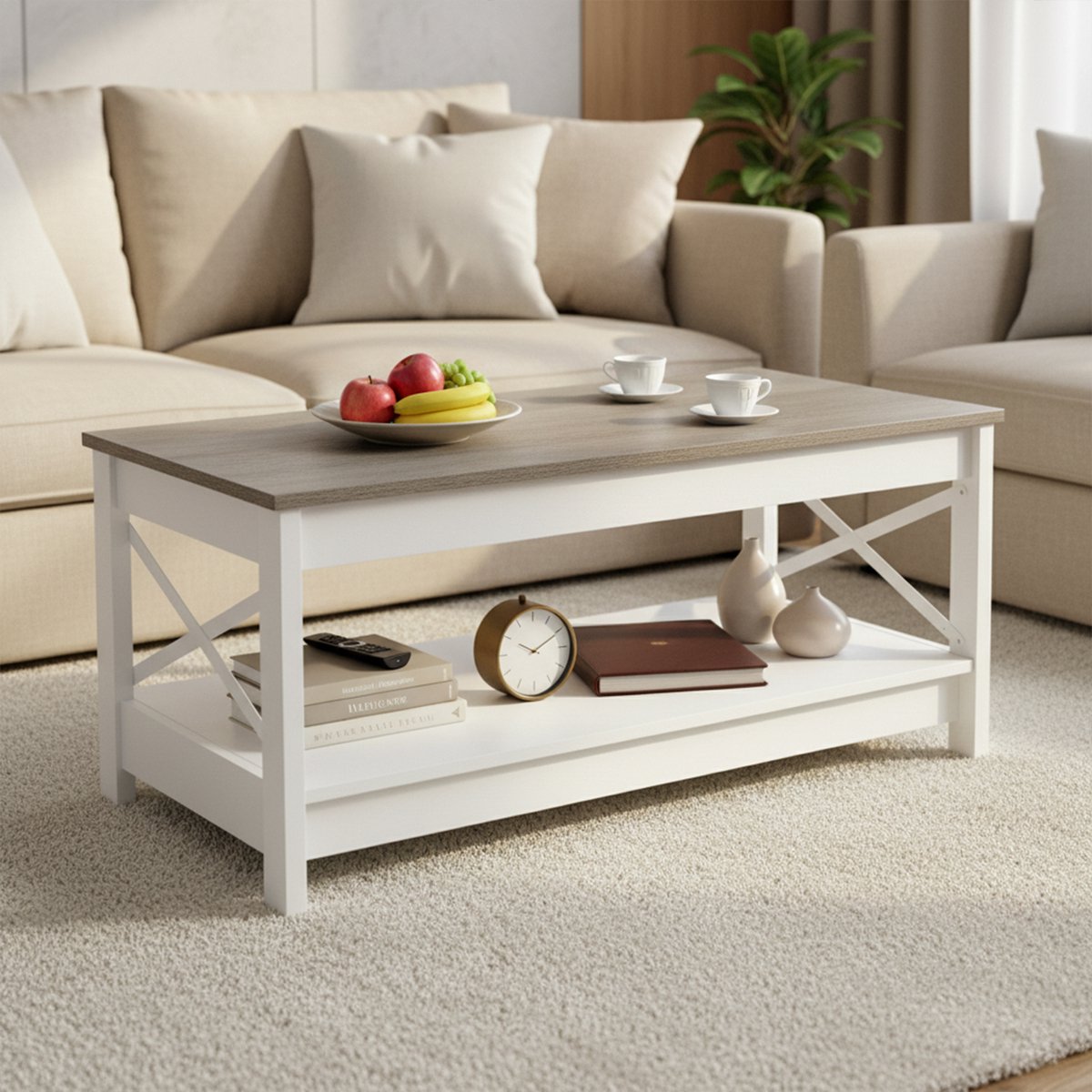 EGGREE salontafel - landelijke stijl - salontafel met opbergruimte voor de woonkamer of slaapkamer - 100 x 50 x 45 cm Eikenkleur + wit