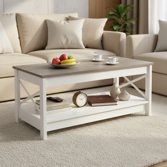 Landelijk-stijl salontafel met een houten bovenblad en witte basis, versierd met vazen en een boek.