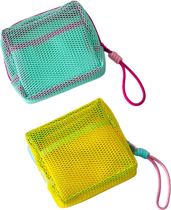 Set van 2 - Make-up tasje van mesh - Make-up etui van mesh - Toilettasje voor op reis - Opbergtasje met rits - Schattig mini-reistasje voor cosmetica en toiletartikelen - Opbergtasje voor reisaccessoires - Geel + Groen