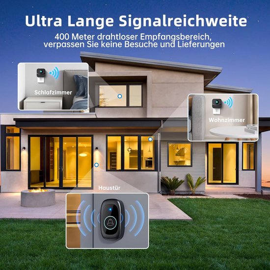 Draadloze Deurbel Buiten - Waterdicht, 400M Bereik, 2 Ontvangers, 55 Melodieën & LED Flits — afbeelding 5