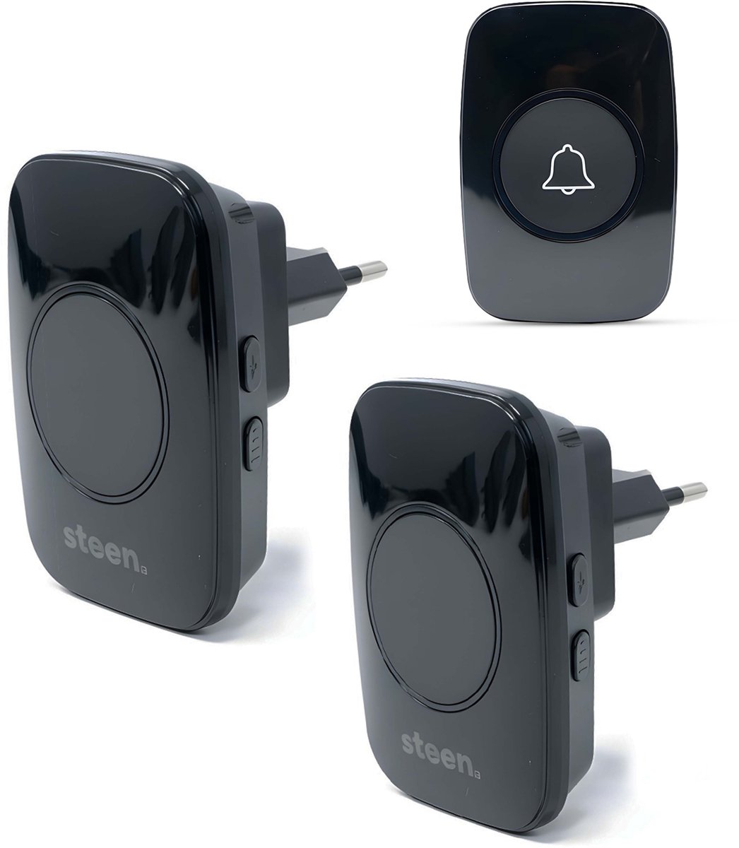 STEEN Deurbel Draadloos – Draadloze Deurbel met 2 ontvangers – Deurbellen – IP44 waterdicht – 300m Bereik – 5 Volume standen – Plug & Play