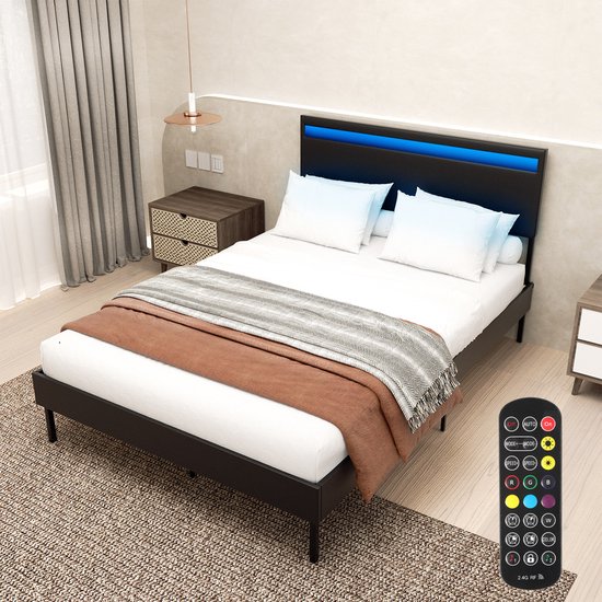 Gestoffeerd Opbergbed 140x200 cm - Met sfeerverlichting LED, zwart kunstleer hoofdeinde en complete lattenbodem