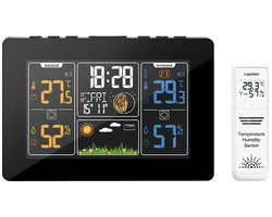 Lopoleis® Weerstation Binnen en buiten – Weerstation Draadloos – Kleurendisplay – Weerstation met buitensensor – Luchtvochtigheid, Luchtdruk, Comfort & Hitte-index – Multifunctioneel – 1 Sensor, Zwart