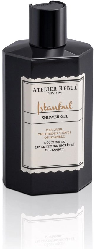 Bouteille noire de gel douche Atelier Rebul Istanbul avec étiquette couleur crème. 'Istanbul Shower Gel' est écrit en lettres dorées.