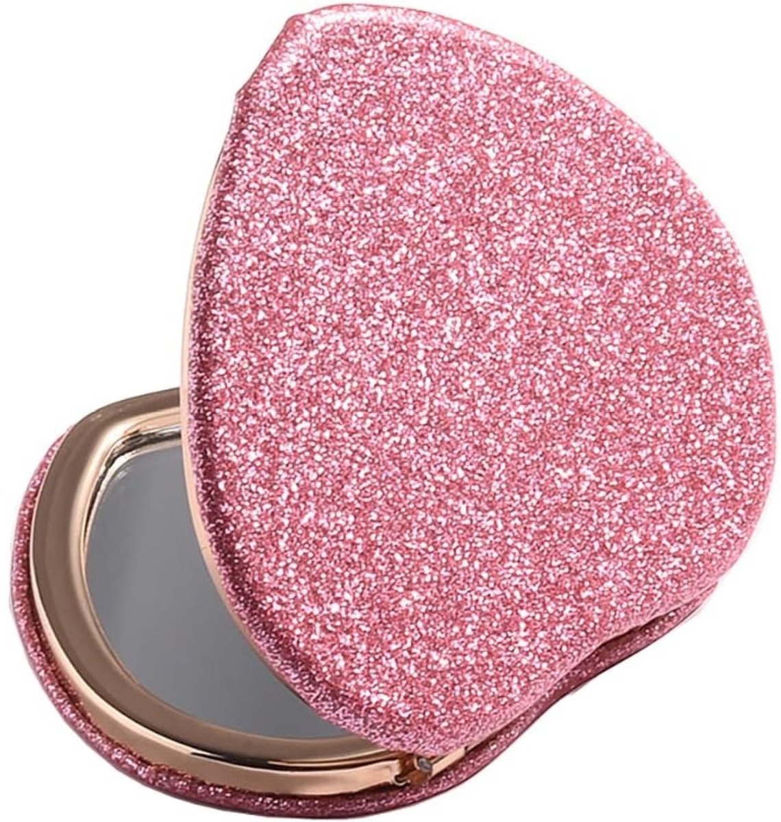 QTTVBTNA - 2 Stuks Mini Hartvormige Opvouwbare Spiegels – Compacte Reisspiegels met Glitter Design – Lichtgewicht & Draagbaar – Handige Make-up Tas Spiegel voor Dagelijks Gebruik – Schattig, Duurzaam & Praktisch - Roze