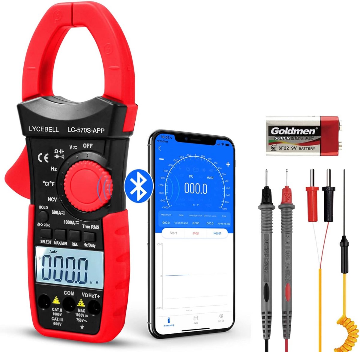 Digitale Stroomtang Multimeter met APP Connect – AC/DC Stroom, Spanning, Weerstand & Temperatuur Meting
