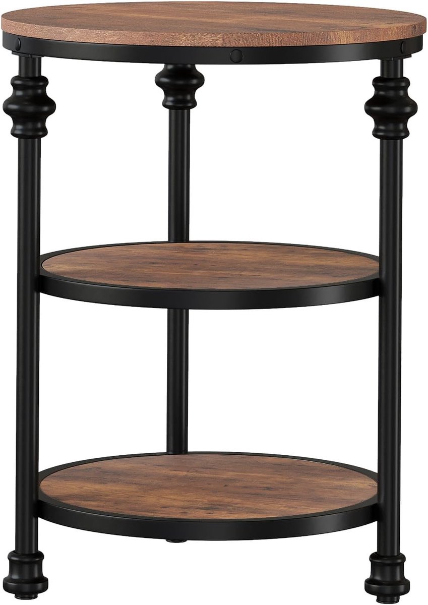 Ronde Bijzettafel van Hout en Metaal - Industrieel Design, Salontafel met 3 Niveaus - Voor Woonkamer, Slaapkamer - Diameter 45x45x60cm