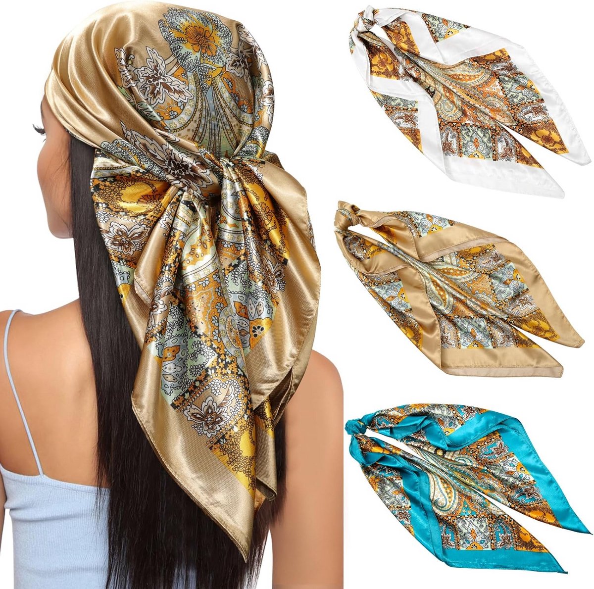 Set van 3 Grote Zijden Sjaals voor Dames - Vierkant Hoofd-, Halsdoek & Bandana (90x90 cm)
