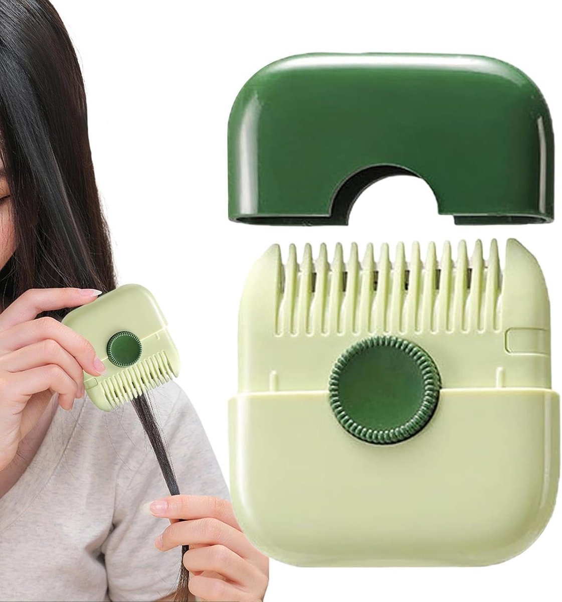 Haartrimmer - Paardenstaarttrimmer - met beschermende kamtanden - 6,5 x 7,5 cm - Trimmer voor gespleten haarpunten - 2-in-1 kam - Afneembare meskop - Draagbaar en gemakkelijk op te bergen - Geschikt voor het trimmen van haar en pony - Groen
