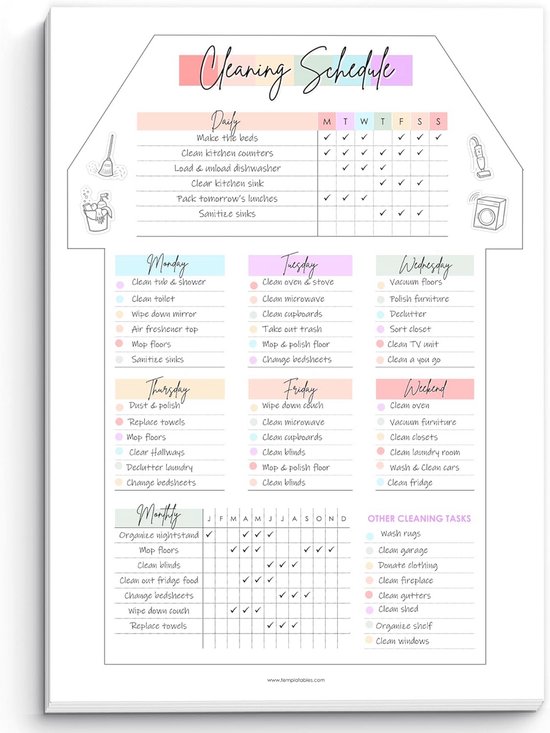 Wekelijkse Schoonmaakplanner Kladblok A4 met Dagelijkse en Maandelijkse Checklist - 50 Ongedateerde Vellen