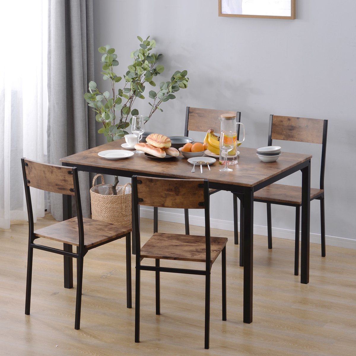 STILVORA Eettafelset - Eettafel Met 4 Stoelen - Ruimtebesparend Opbergbaar Stoelontwerp Voor Balkon En Keuken - MDF Met Metaalframe - 108x65x75 Cm - Bruin