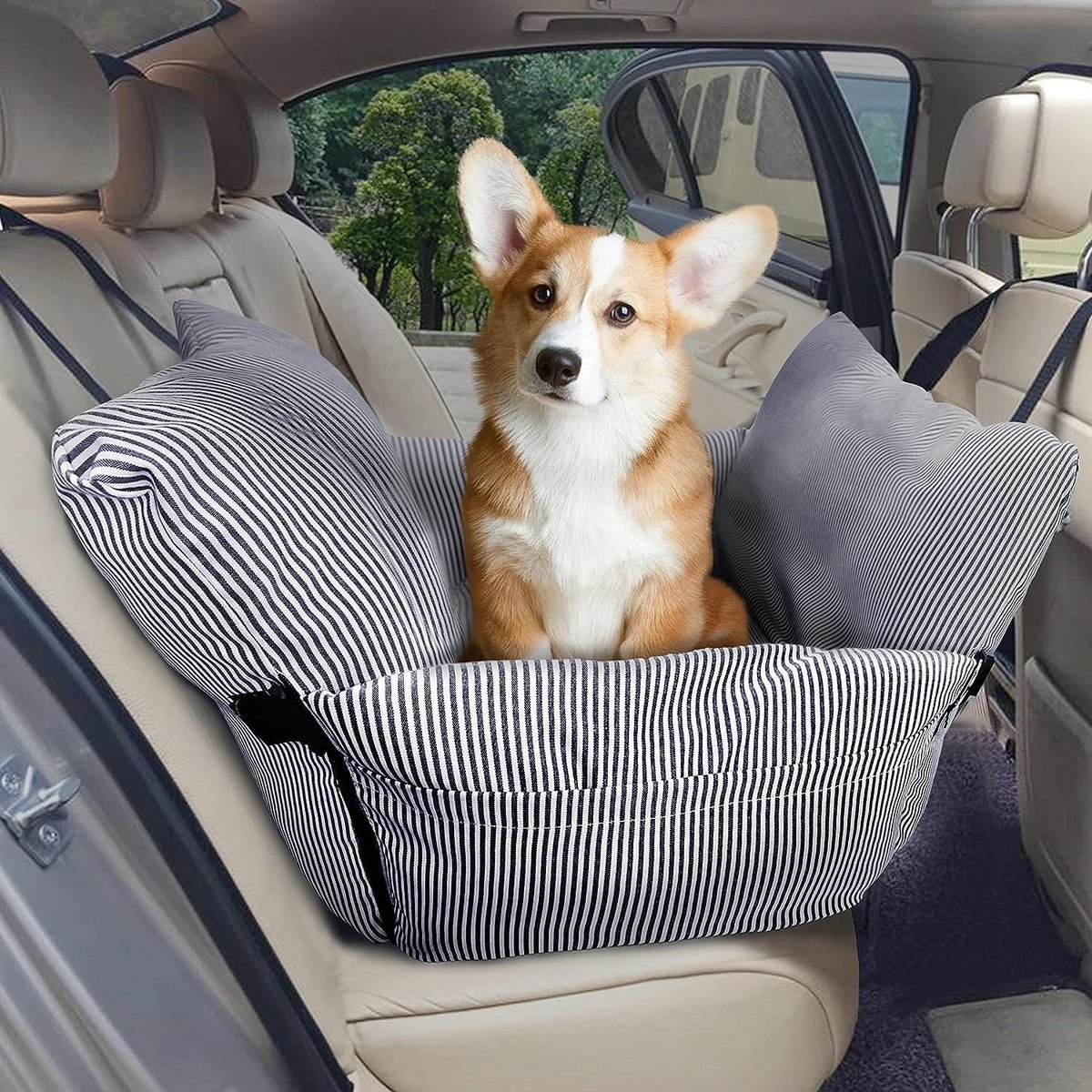 2-in-1 autostoelverhoger voor honden tot 27,2 kg - geschikt voor auto en thuis, met opbergzakken, blauw