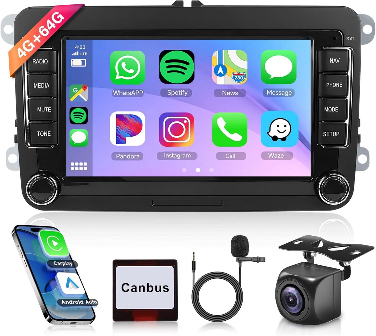 Android 13 Autoradio 7 Inch Wifi GPS Navigatie voor VW Golf 5/6, Passat, Polo, Tiguan, Skoda & Seat - 4G+64G, CarPlay & Android Auto