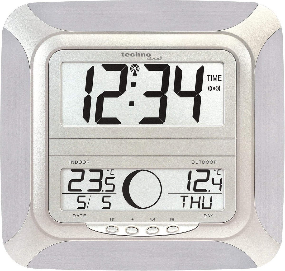 Grote Draadloze Wandklok met Datum, Temperatuur en Maanfase - Aluminium Zilver