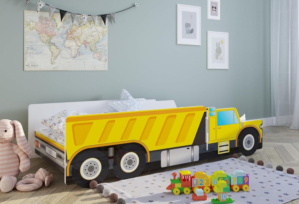 Kindereend slaapkamerbed met Valbeveiliging en Lattenbodem in Autobouwvoertuig Stijl (80x160 cm)