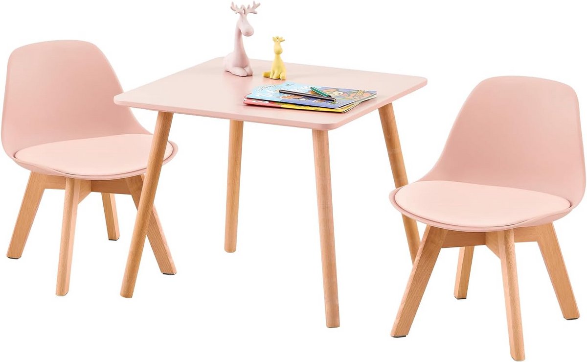 Kindertafel met 2 Stoelen Houten Poten en Gemakkelijk Schoon te Maken Zitting
