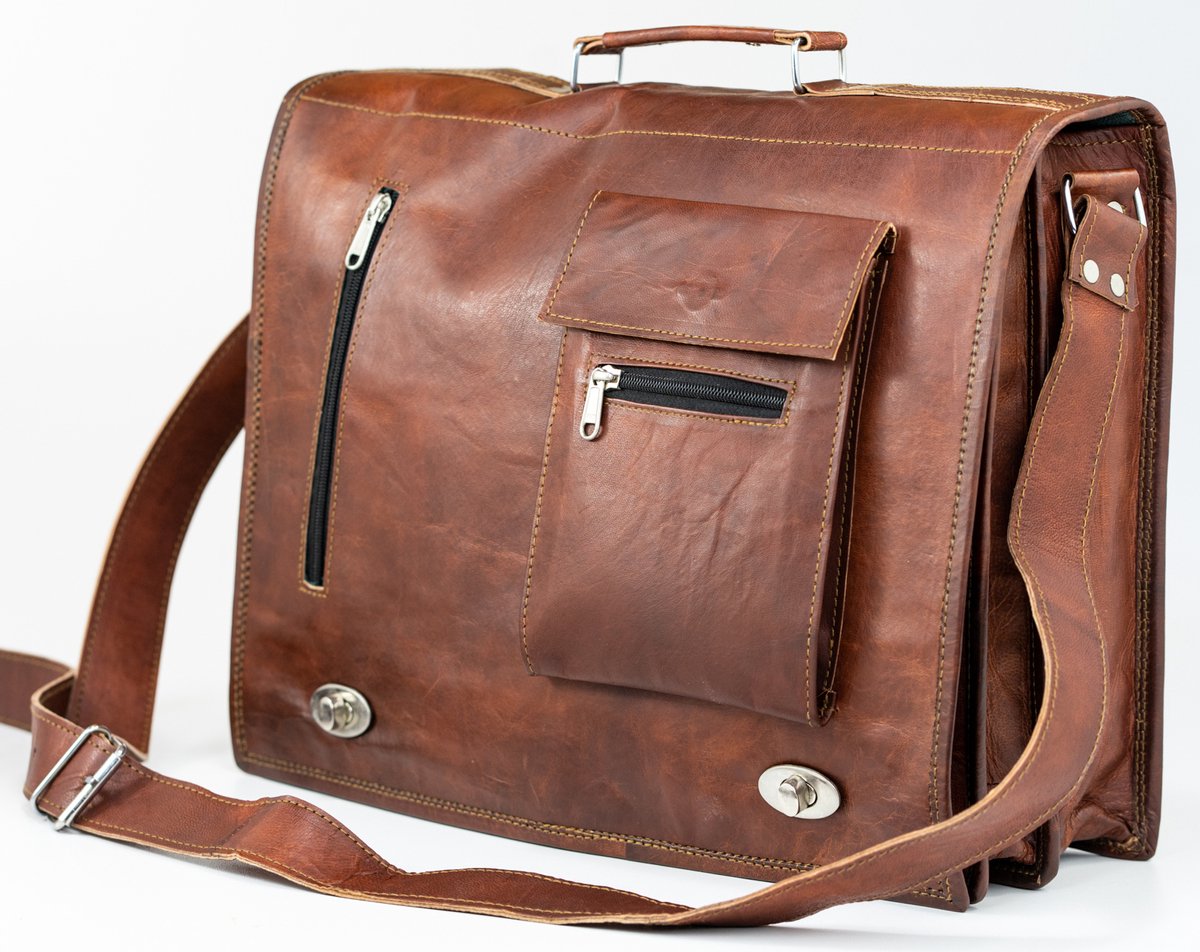 Schoudertas van Echt Leer Laptoptas-Messengertas – Urban Chique Satchel 42 x 29 x 11 cm - 16 inch OnceDoce® “Huesca” – model 0443 – Kleur Cognac Bruin