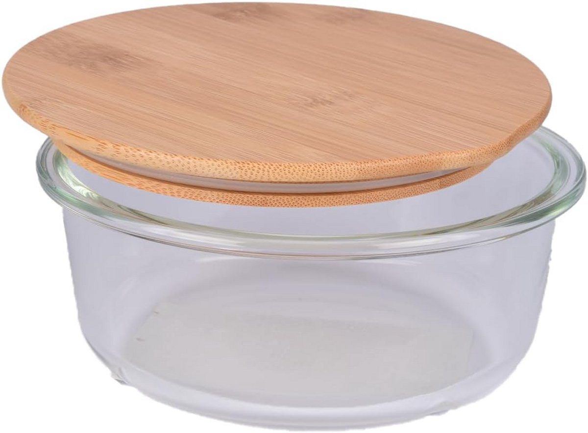 Ronde Glazen Voedselcontainer 900ml met Bamboe Deksel - Magnetronbestendig