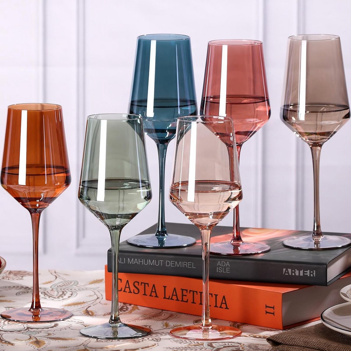 Set van 6 Gekleurde Wijnglazen - Handgeblazen, 450ml, Kleurvast Cadeau