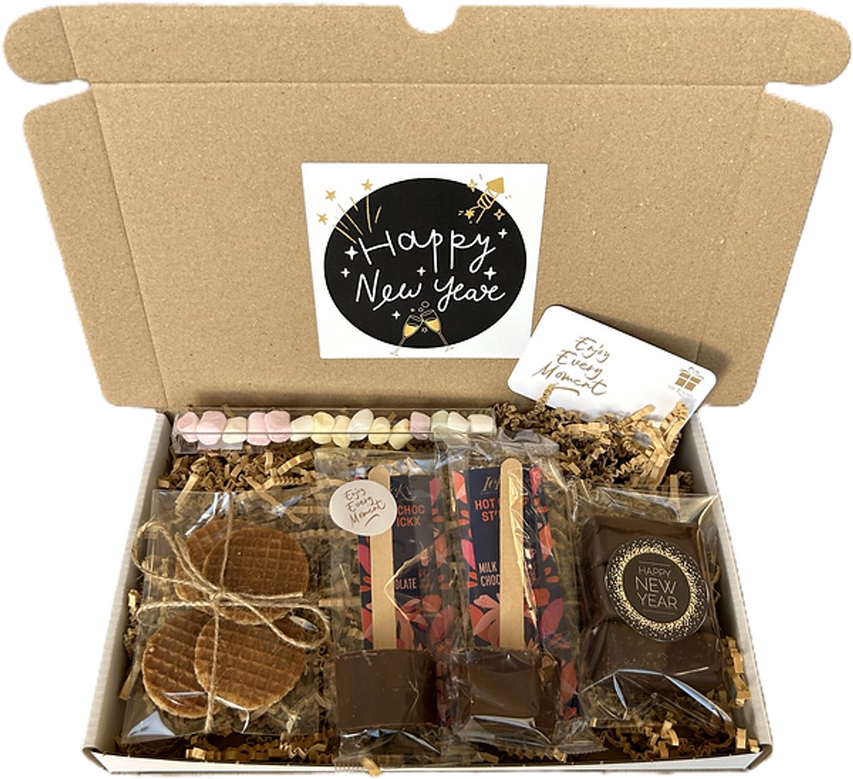 Nieuwjaar choco brievenbus cadeau - happy new year - chocolade - chocostick - marshmallows