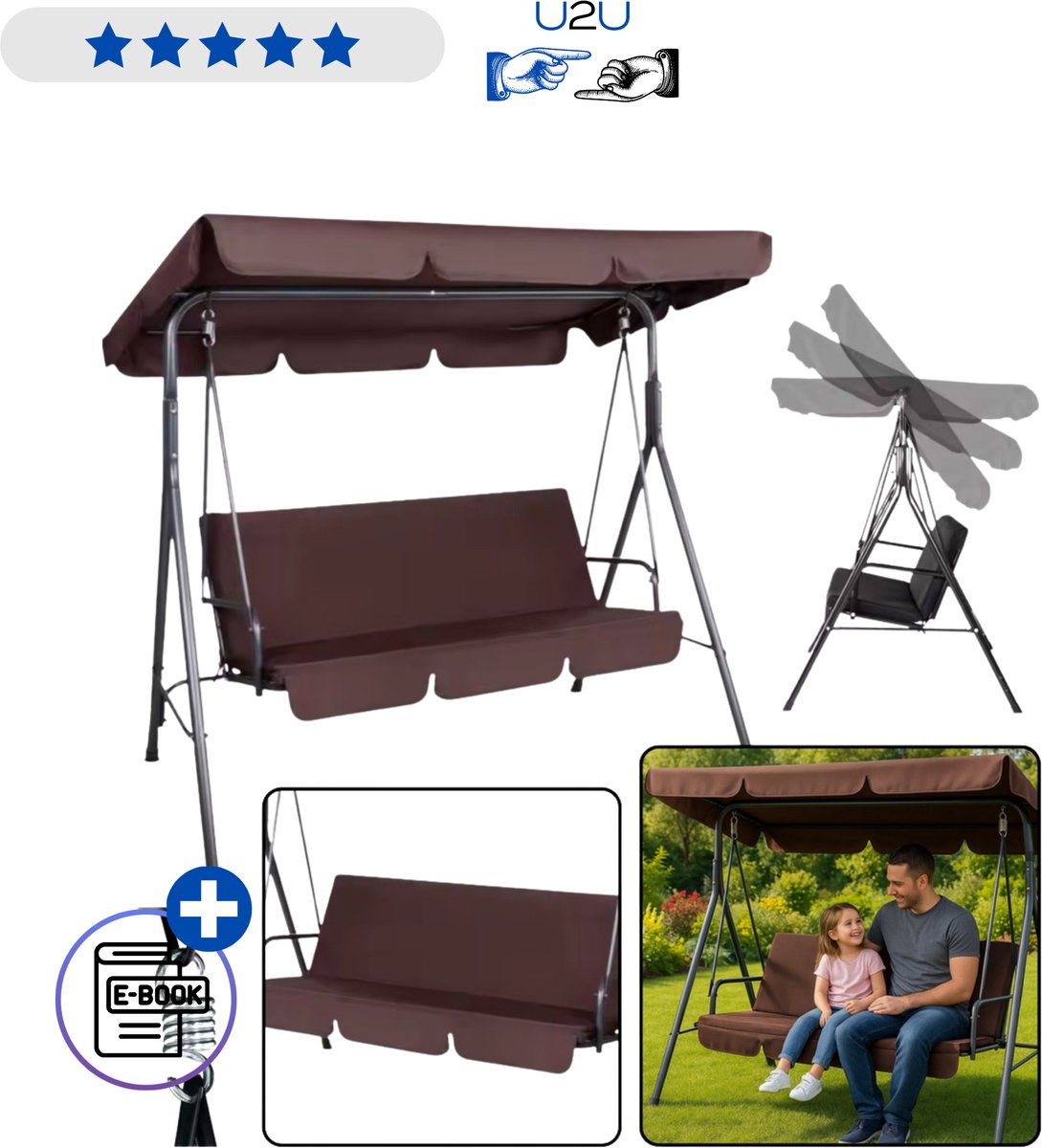 LEAN Driepersoons Tuinschommel Schommelbank Bruin met Kussens en Matras – Comfortabele Rocking Chair voor Tuin en Terras, Vrijstaand Ontwerp, Zacht Lig- en Zitcomfort, Ideaal voor Ontspannen Buiten met Familie voor Dagelijks Relaxen Nu Met Ebook