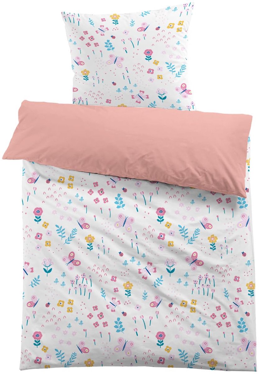 Unyqoos Roze Kinderbeddengoedset met Bloemenprint en Kussensloop van Microvezel roze bleom