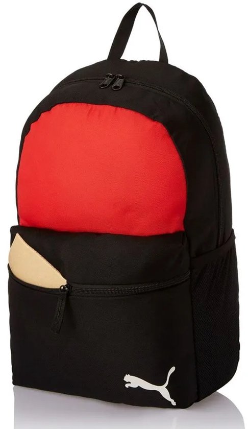 Zwarte rugzak met een rood bovenvak, een voorvak met beige accent en Puma logo.