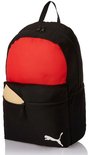Zwarte rugzak met een rood bovenvak, een voorvak met beige accent en Puma logo.