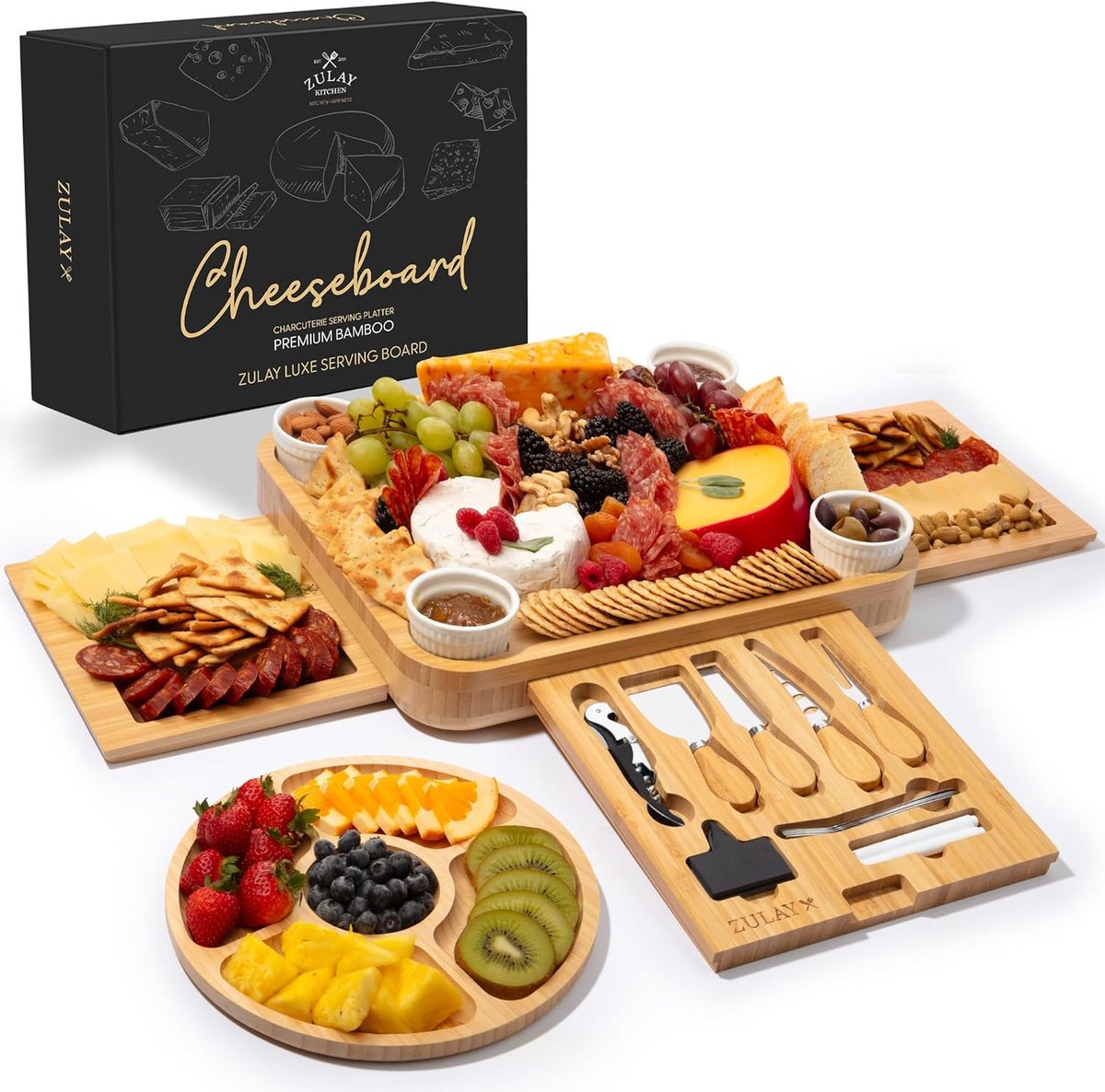 Luxe Bamboe Kaasplank Set met 4 Delige Bestekset voor Charcuterie en Borrelhapjes