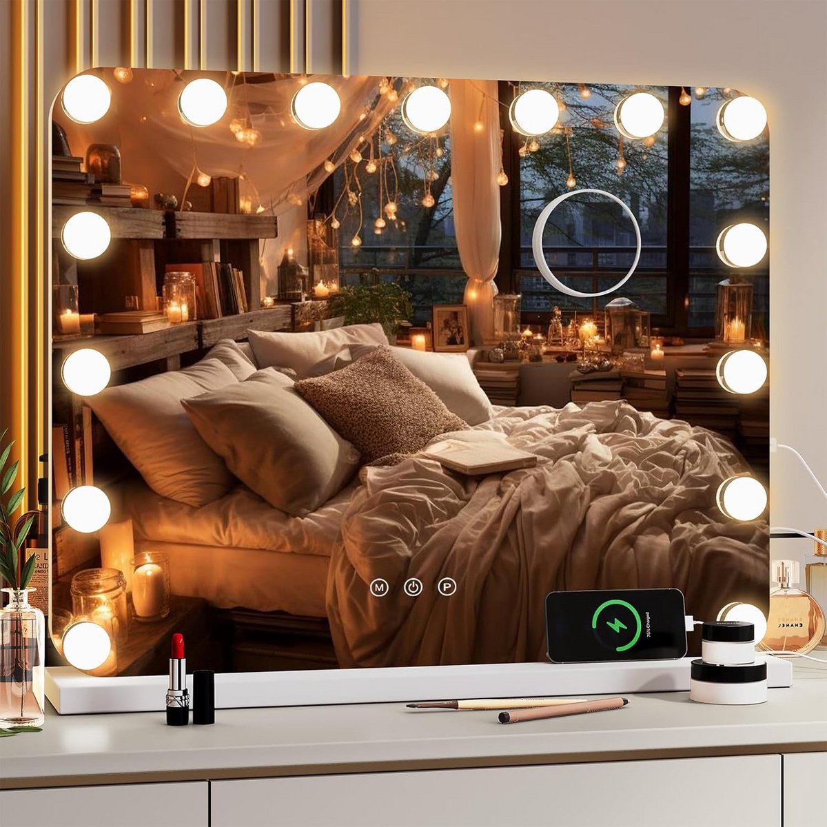 Hollywood Make-up Spiegel met 15 LED Verlichting en Dimfunctie (58x46 cm)