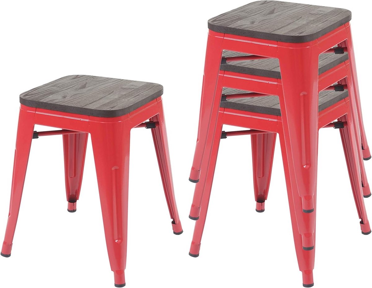 Set van 4 Industriële Krukken met Houten Zitting, Stapelbaar