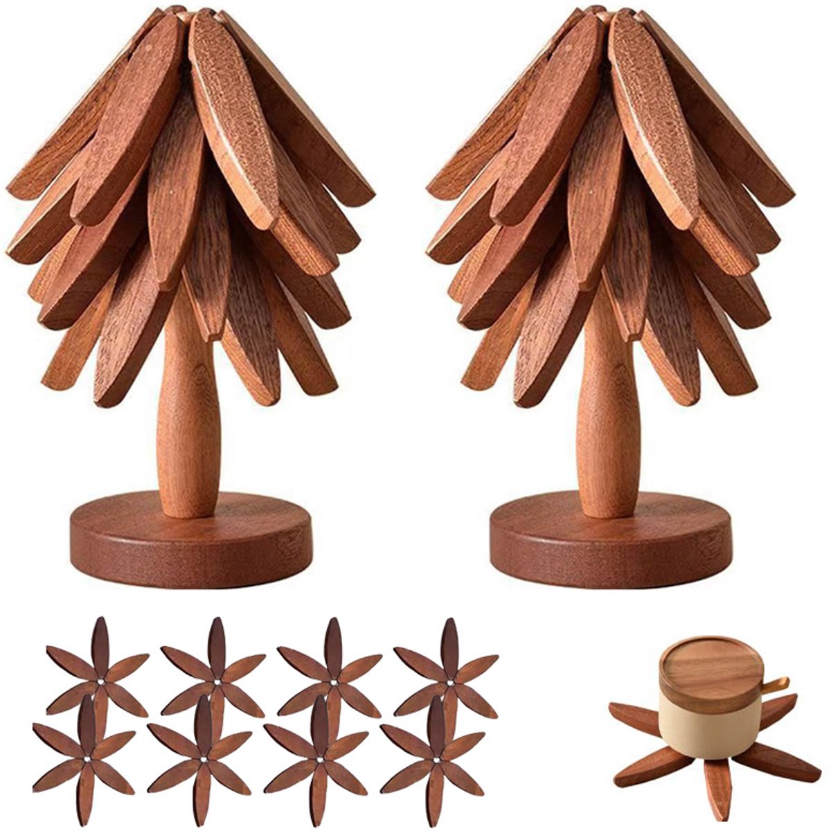 2 sets Houten onderzetters voor warme gerechten - Kerstboomonderzettersset - 8 houten onderzetters & 2 standaard in de vorm van een kerstboom - voor hete gerechten - Pot - Kom - Theepot - Hot Pot Set