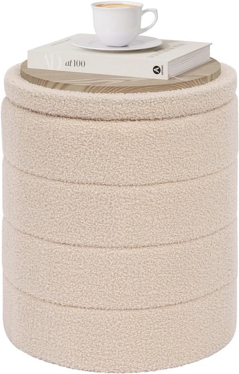 Opvouwbare Opbergkruk met Deksel - Beige Poef als Bijzettafel voor Woonkamer en Slaapkamer