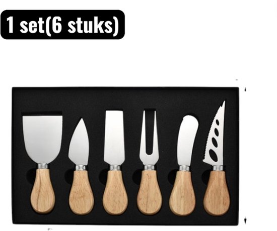 1 set (6 pièces) - Couteaux à fromage - Ensemble de couteaux à fromage en bois de chêne massif - Accessoires à fromage en acier inoxydable avec couteau à beurre, pour plateau à fromage et gastronomie - Argent