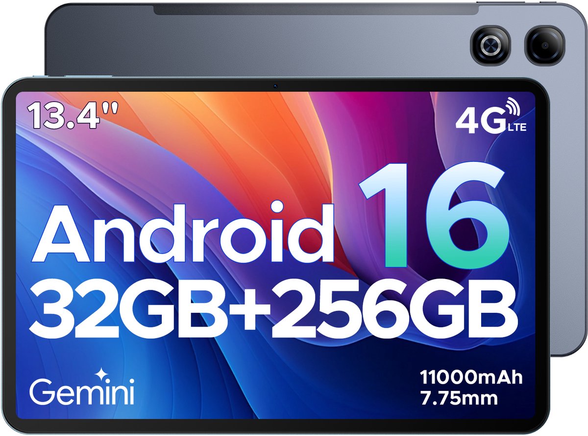 DOOGEE TAB G6 MAX - Android 16-tablet - 4G LTE - 13,4-inch FHD+ 90Hz IPS - 11000mAh/18W - 32GB ROM + 256GB RAM/2TB TF - Octa-core gamingtablet - 5G Wi-Fi - Widevine L1 - Face ID - OTG - Dubbele luidsprekers
