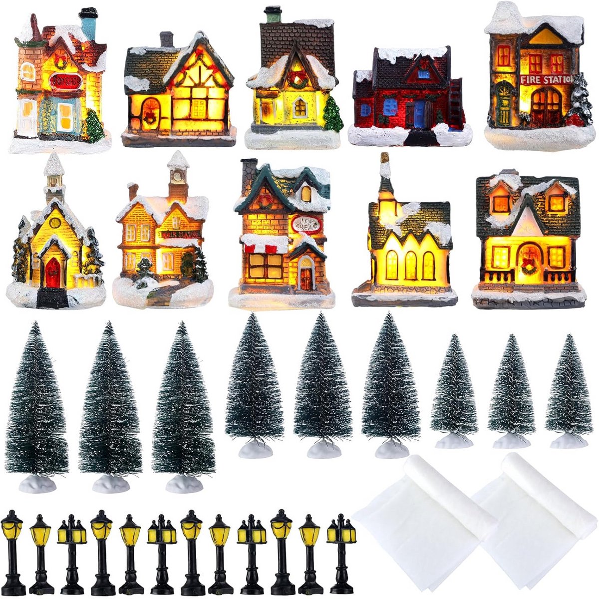 48 Delen Verlichte Kerstdorp Set: Miniatuur Huisjes, Kerstbomen en Sneeuwkleed voor DIY Kerstdecoratie – foto 3