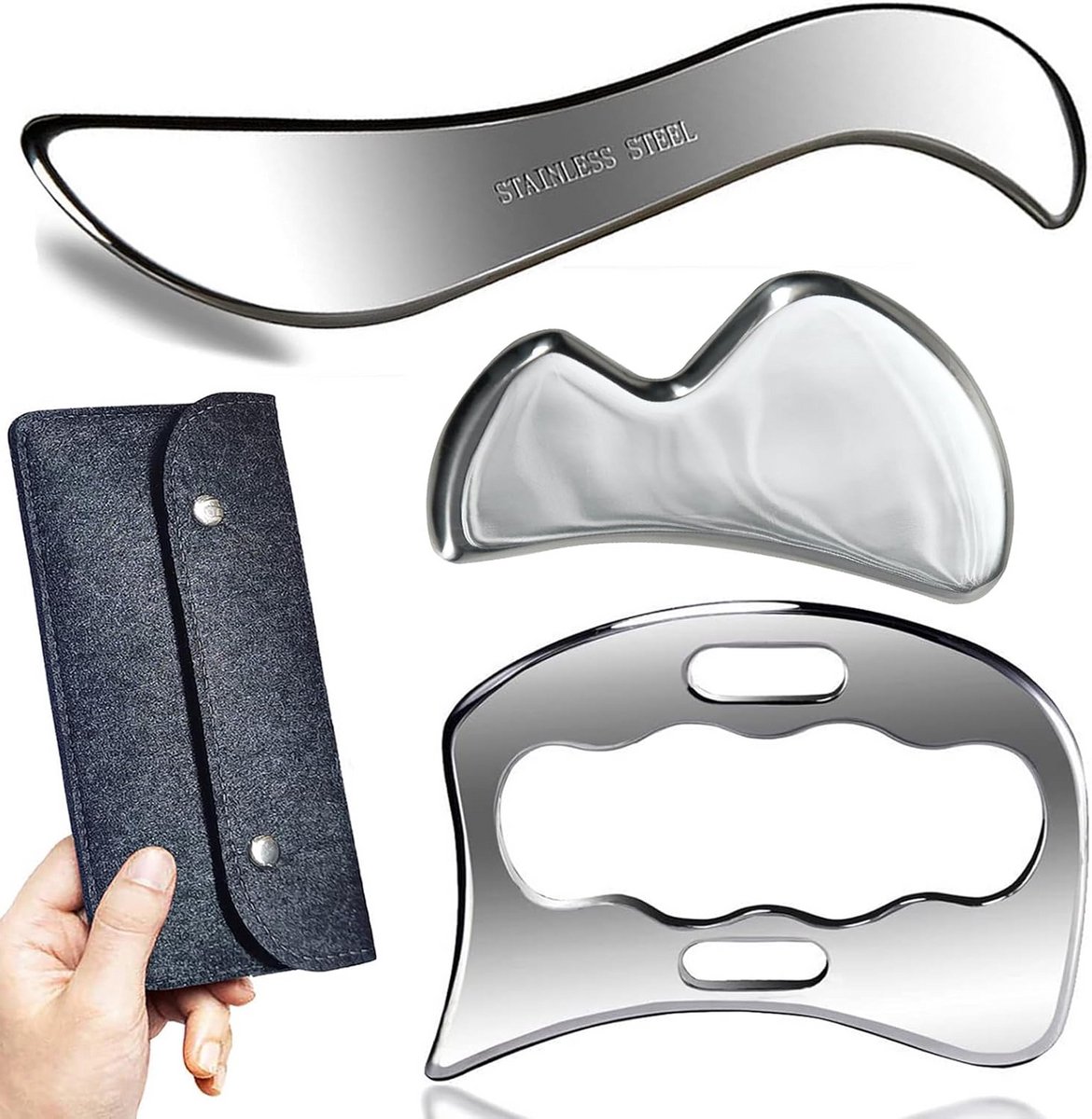 Gua Sha Schraper Set van 3 - Roestvrij Staal IASTM Tool voor Massage en Spierontspanning