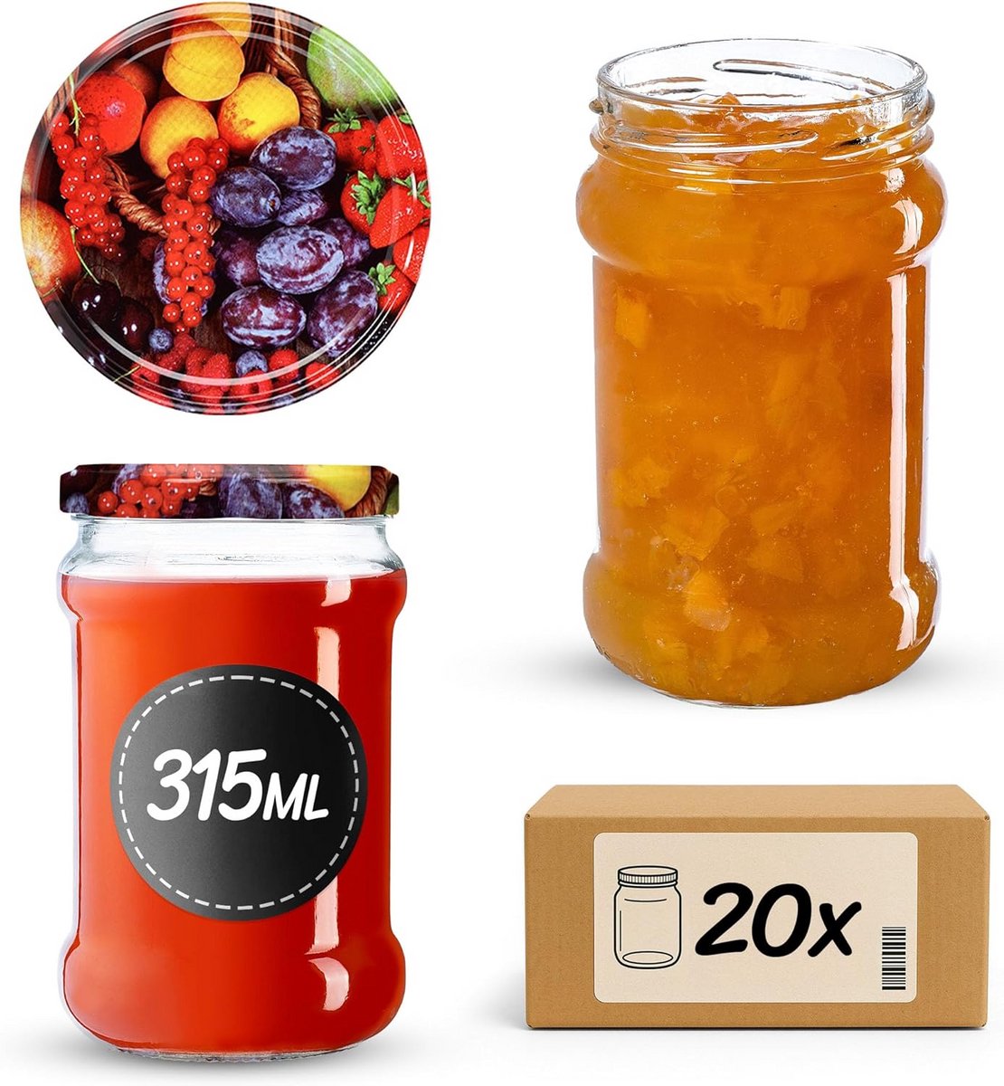 Glazen Potjes met Deksel 315 ml - Ideaal voor Jam, Honing en Bewaren (20 stuks)