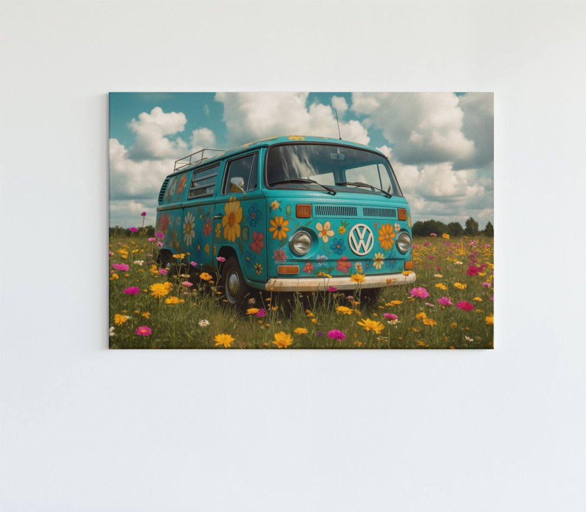 Trendex Global Canvas Schilderij - Retro Bloemenbus op het Veld - Wanddecoratie - 120x80 cm Kleurrijk