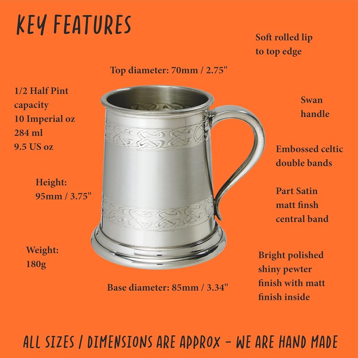 Tinnen Pul Halve Pint met Keltische Band - Handgemaakt Bierglas