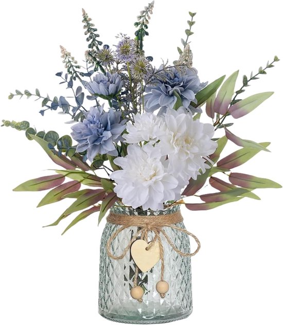 Realistische Blauwe Zijden Bloemen in Glazen Vaas voor Huisdecoratie