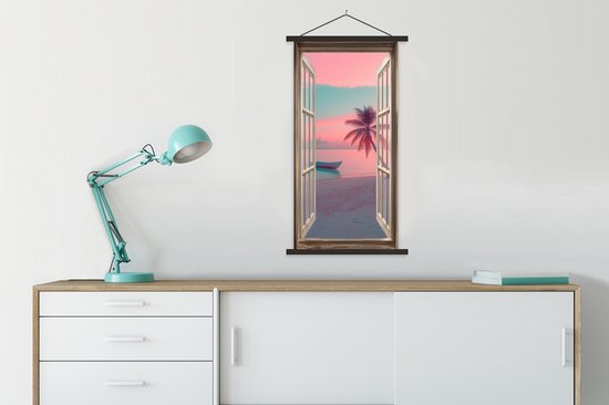 Posterhanger incl. Poster 60x120 cm - Schoolplaat - Doorkijk - Strand - Palmboom - Tropisch - Textielposter - Zwarte latten